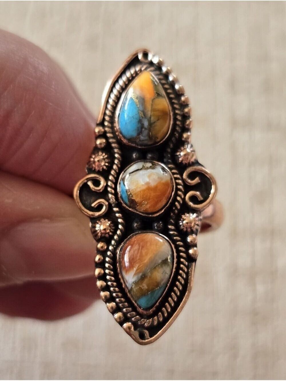 Triple Stone Spiny Turquoise Ring In Copper, Southwestern
